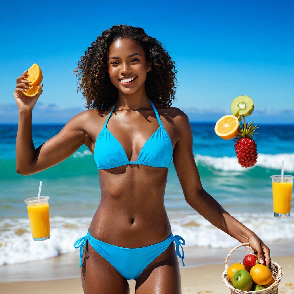A confident woman in a colorful bikini standing on a sunny beach, surrounded by fresh fruits and skincare products like sunscreen and moisturizer. Vivid blue ocean waves crashing in the background, with a clear blue sky overhead. The image captures a sense of empowerment, health, and beauty. The woman has a radiant smile, showcasing self-assurance. vibrant colors. super-realistic.