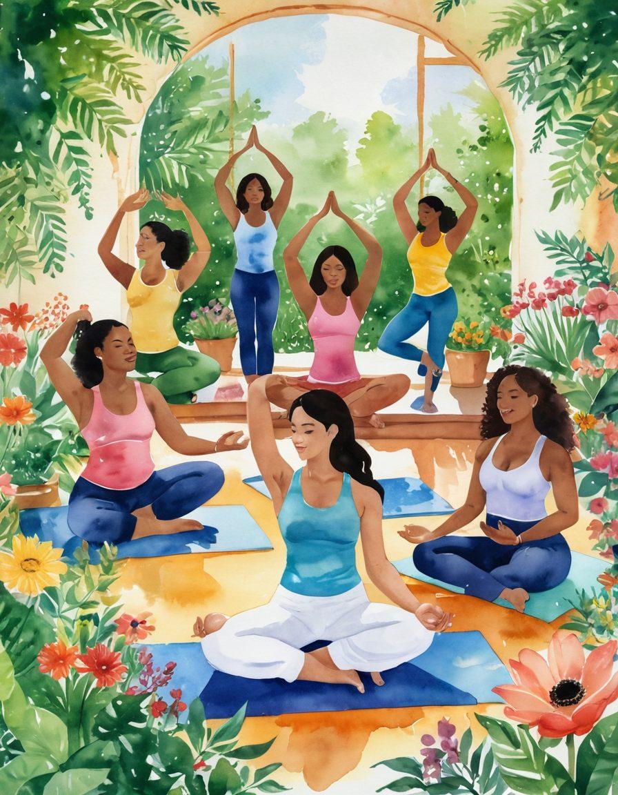 A vibrant, uplifting scene depicting diverse women engaging in various wellness activities like yoga, meditation, and healthy cooking, surrounded by lush greenery and colorful flowers. Incorporate symbols of body positivity, such as uplifting quotes and diverse body shapes, reflected in joyful expressions. The atmosphere should radiate warmth, empowerment, and community spirit. colorful watercolor style. bright and cheerful tones. natural light.